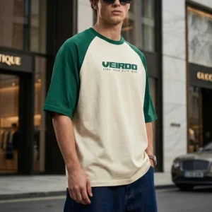 Swanwhite-Bottle Green Raglan Oversized Typography Printed T-shirt